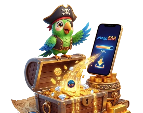 Burung kakak tua lanun dengan peti harta karun menunjukkan proses muat turun Mega888 APK pada telefon pintar