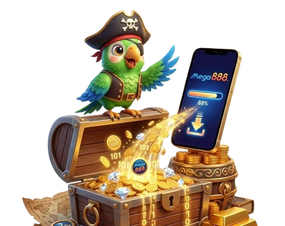 Burung kakak tua lanun dengan peti harta karun menunjukkan proses muat turun Mega888 APK pada telefon pintar