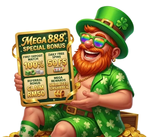 Maskot Leprechaun memegang papan promosi Mega888 yang menunjukkan bonus deposit 100 peratus dan kredit percuma RM50