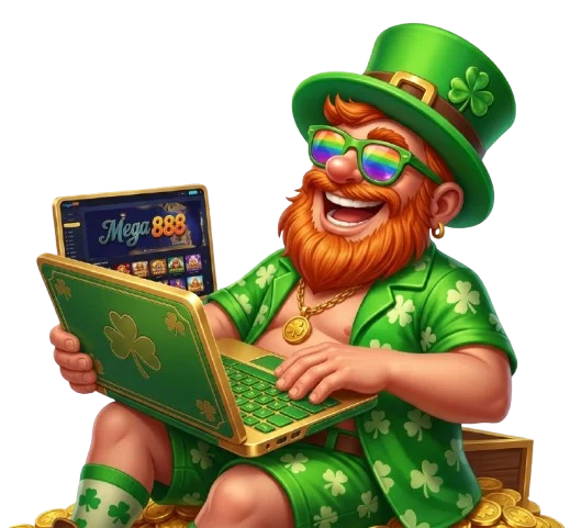 Leprechaun bertuah menggunakan komputer riba untuk bermain Mega888 PC di atas timbunan syiling emas